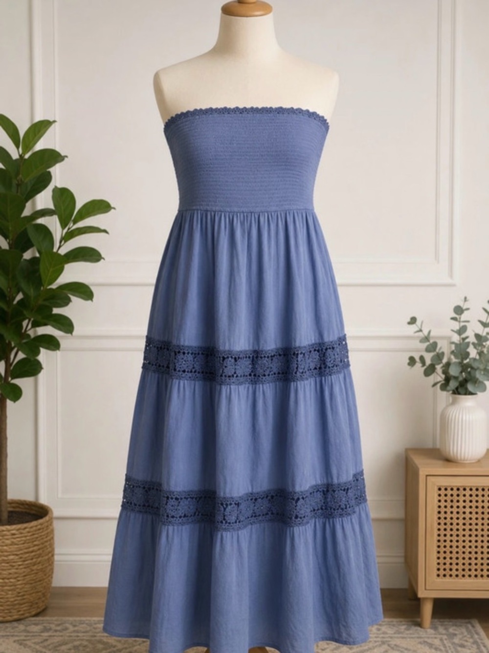 Pinup Fashion Smocked Strapless Maxi Dress in Dusty Blue 2X